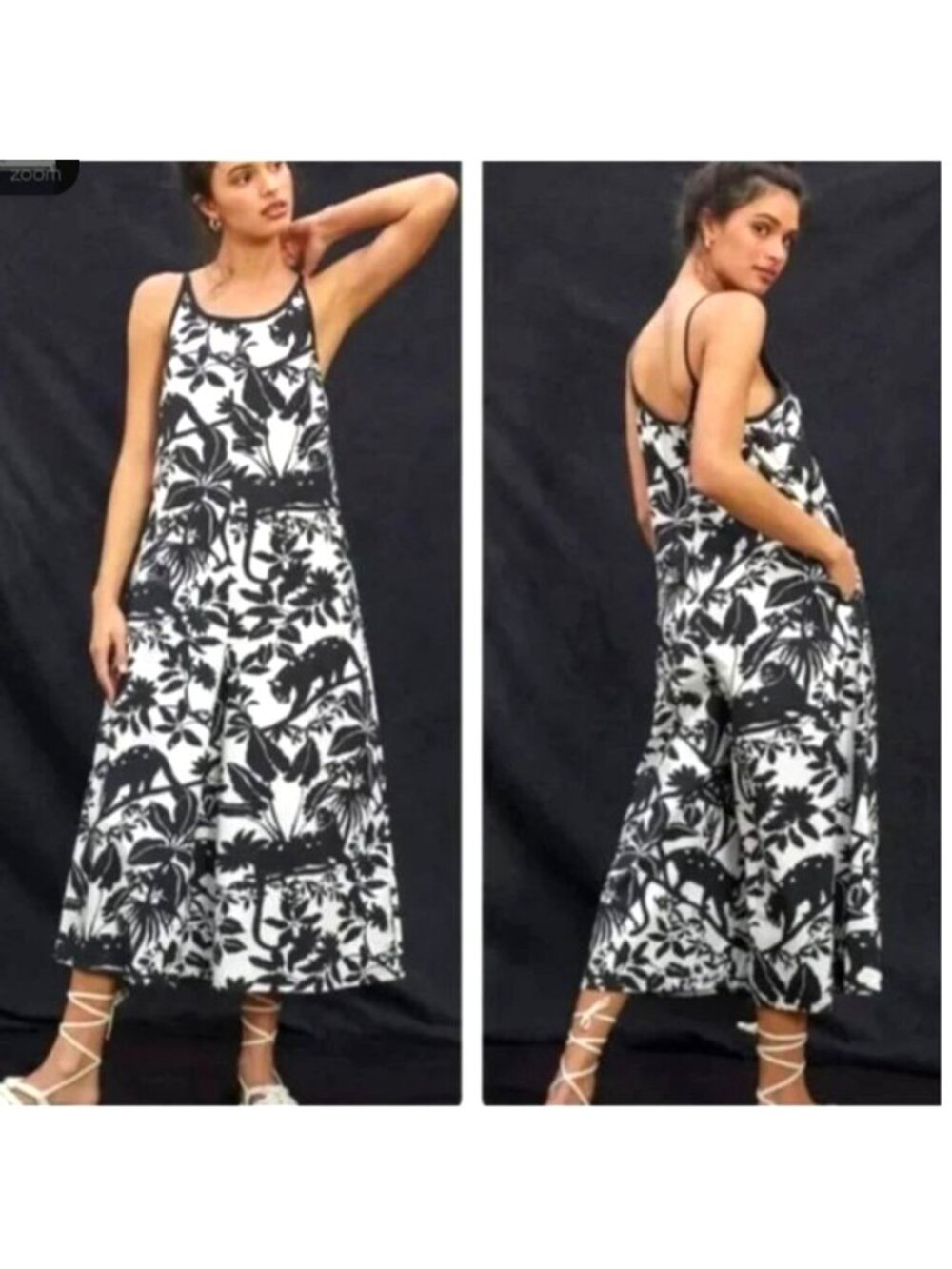 Anthropologie Maeve Jumpsuit Small Black White Chrysanthemum Wide Leg Crop